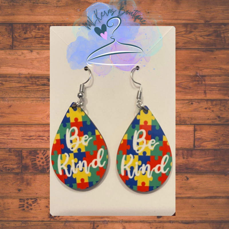 Be kind, autism earrings white font