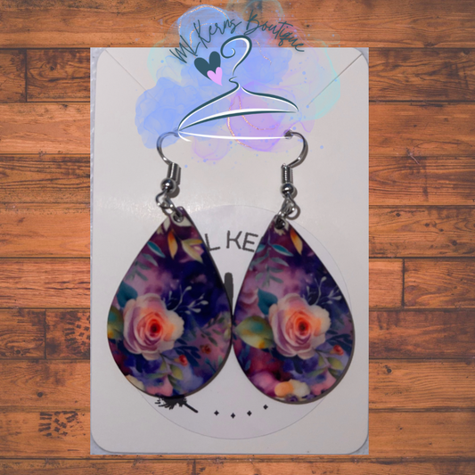 Purple water color flower earrings