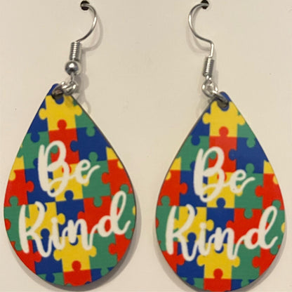 Be kind, autism earrings white font